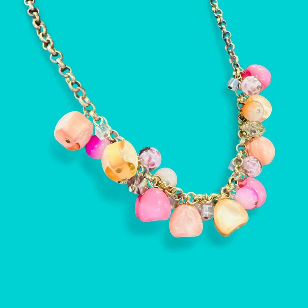 Vintage Y2K Gold Tone Chunky Rhinestone Glasswork Bead Statement Necklace